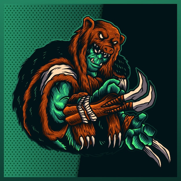 illustration of an orc warrior with Claw, Fang, Mantel Bear on the Green background. For mascot logo design in modern illustration.