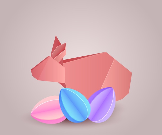 Illustration of origami paper rabbit with paper eggs separately