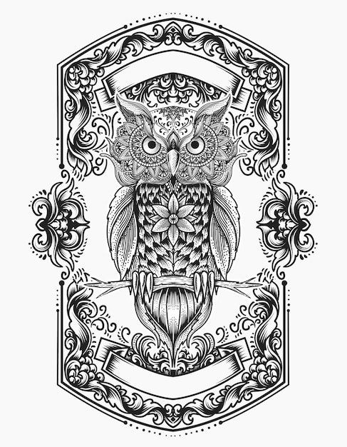 Illustration Owl bird mandala style with engraving ornament