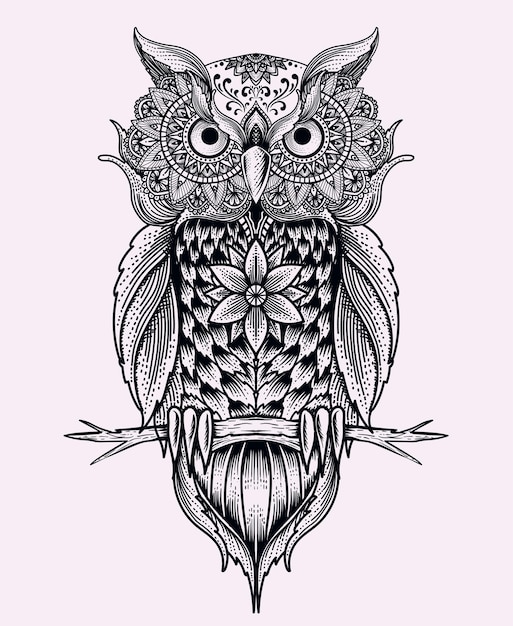 Illustration Owl bird with vintage mandala ornament.