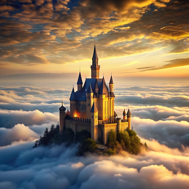 Vector illustration painting castle fantasy sky steampunk 2d render loop