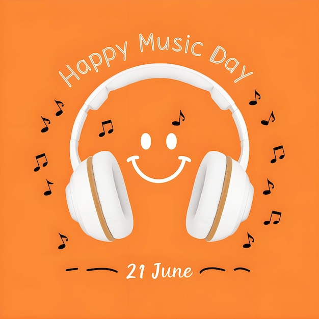 Vector illustration a pair of white headphones with a smiley face background is a solid orange color