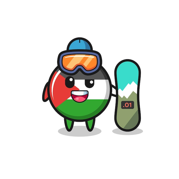 Illustration of palestine flag badge character with snowboarding style