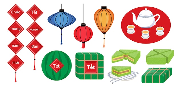 Vector illustration of paper lantern light and food on vietnamese tet festival