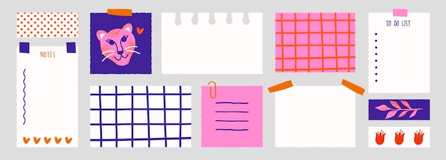 Illustration of paper notes with stickers. Hand drawn reminders, to do list, planner, schedule.