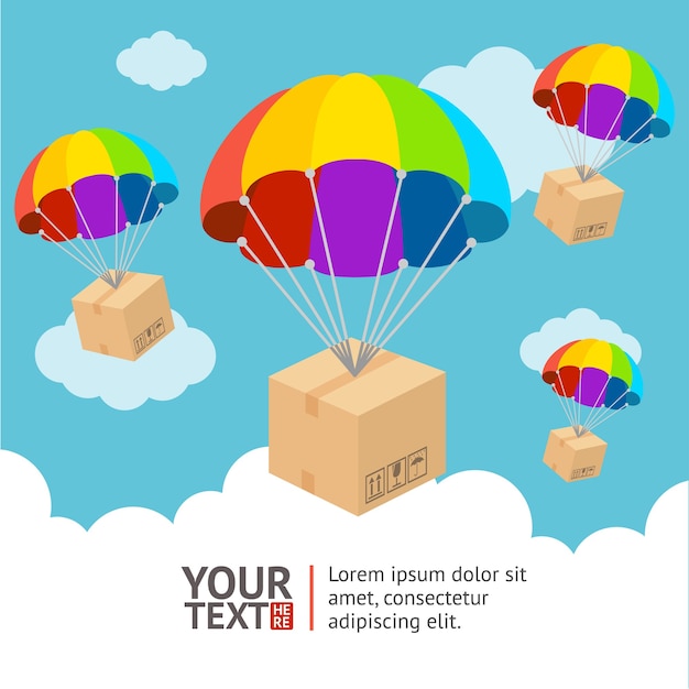 illustration. Parachute with sending and clouds card