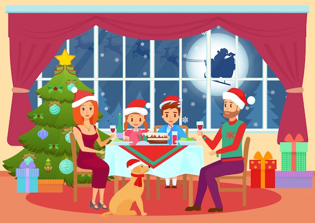 illustration of parents and children kids sitting at table and dining on Christmas eve