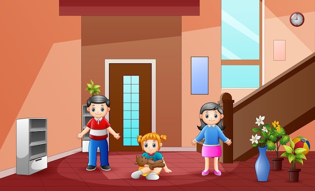 Illustration of parents with their daughter in the house