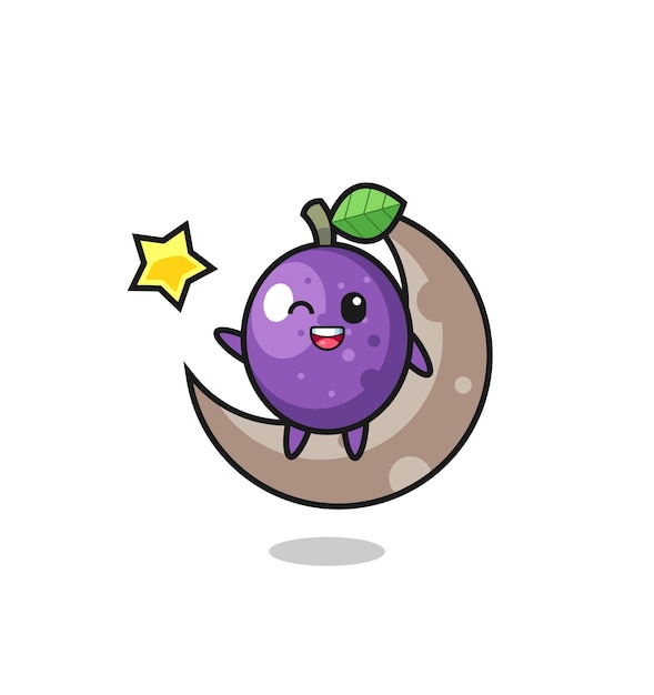 Illustration of passion fruit cartoon sitting on the half moon