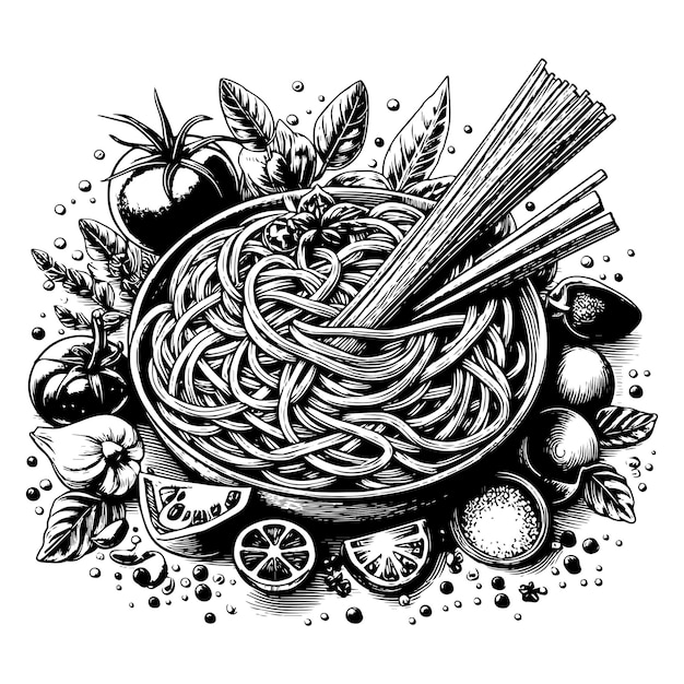 Vector illustration of pasta and tomatoes in black and white on white background vector generative ai