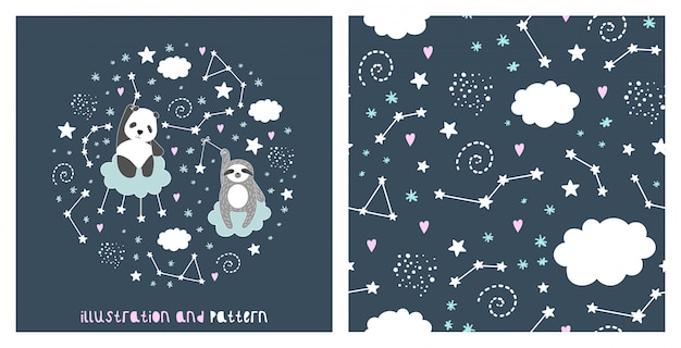 Illustration and pattern with cute panda, sloth, stars, cloud and constellation