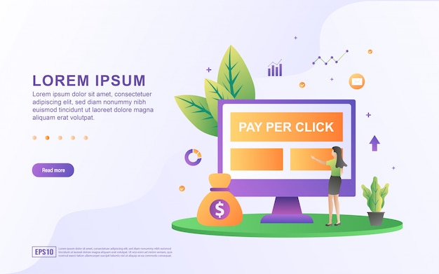   Illustration of Pay per click concept. People are clicking on the ad, the publisher will be paid every time an ad is clicked.