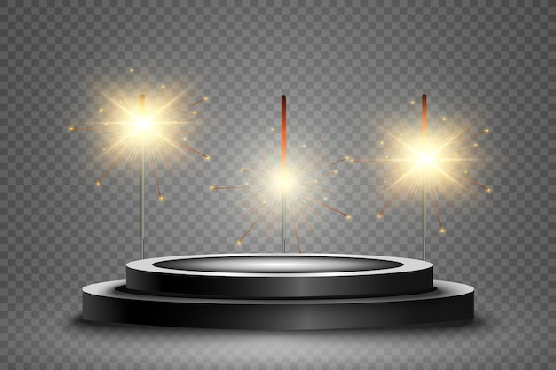 Illustration of a pedestal or platform podium with sparklers in the background.