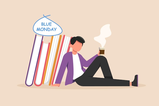 Illustration of a pensive person while enjoying coffee to get through the blue day colorful illustration simple design