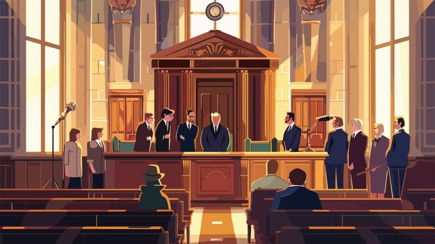 Vector illustration of people in courtroom with judge and courthouse