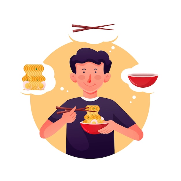 Vector illustration of people eating noodles, chopsticks and bowl vector