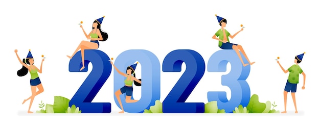 Illustration of people having a beach party around the 2023 writing to celebrate the 2023 new year Designed for website landing page flyer banner apps brochure startup media company