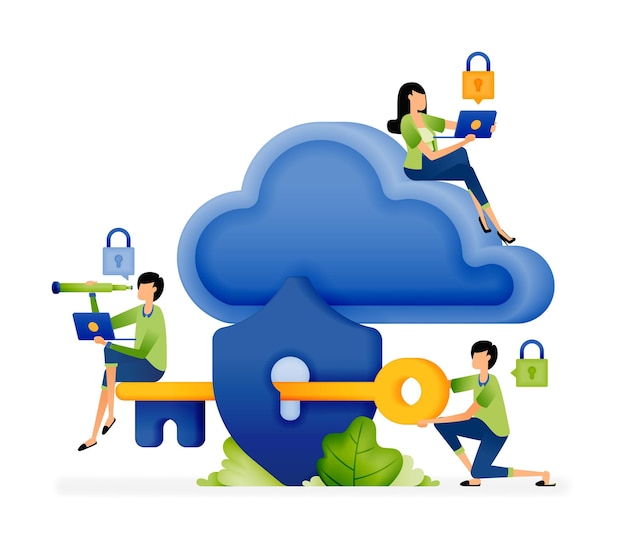 Illustration of people holding keys through shields Digital computing cloud security Designed for website landing page flyer banner apps brochure startup media company