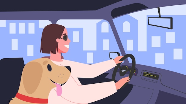  illustration of people inside their cars. Female character driving a car with her dog. Woman in the car on her way.