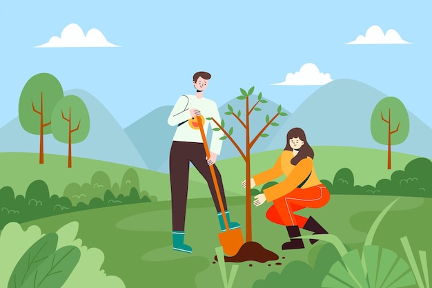 An illustration of people planting trees outdoors