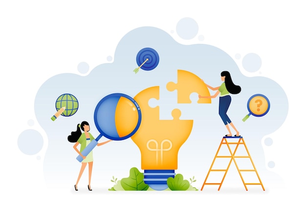 Illustration of people solving puzzles from ideas and brainstorming for enlightenment Search and find solutions Design can be for landing page website poster banner mobile apps web social media ads