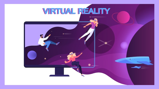 Vector illustration of people using a glasses of virtual reality. concept of vr technology for education and game simulation. futurisic way of entertainment.