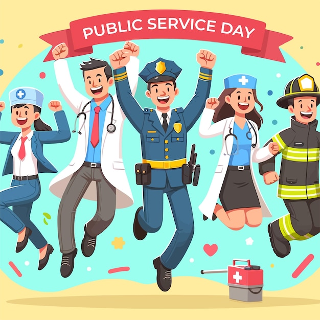 illustration of people in various professions jumping for joy to celebrate public service day