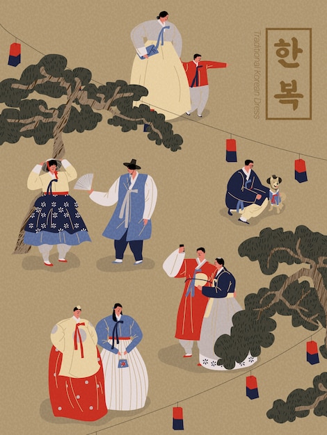 Illustration of People Wearing Korean Traditional Clothes