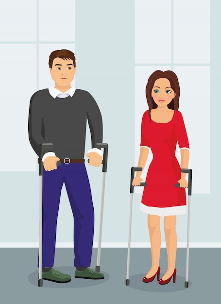  illustration of people with crutches. Disabad man and woman talking on the street in flat style.