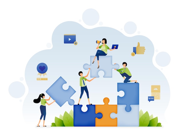 Illustration of people work together to find solutions and solve problems by brainstorming and collaboration Design can be for landing page website poster banner flyer mobile app web social media ads