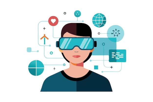 Vector illustration of person using virtual reality headset surrounded by futuristic technology icons