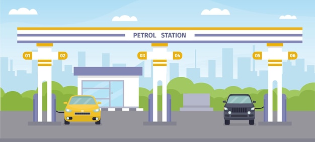 Illustration of a petrol station in the city. Vector flat cartoon illustration.