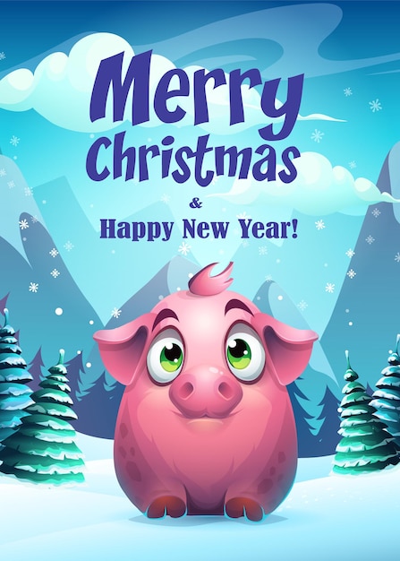 illustration pig greeting card Merry Christmas