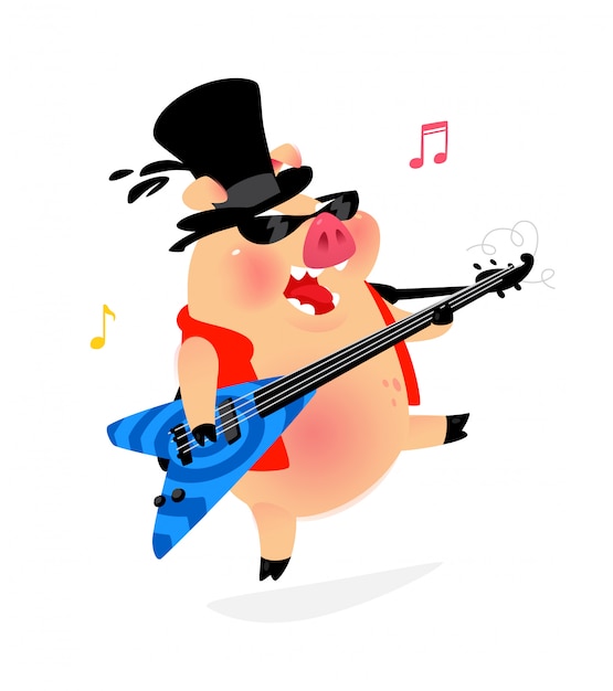 Illustration of a pig in a hat with a guitar.