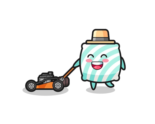 Illustration of the pillow character using lawn mower