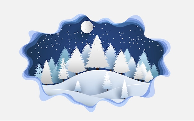 illustration pine forest in season with design of paper art and craft