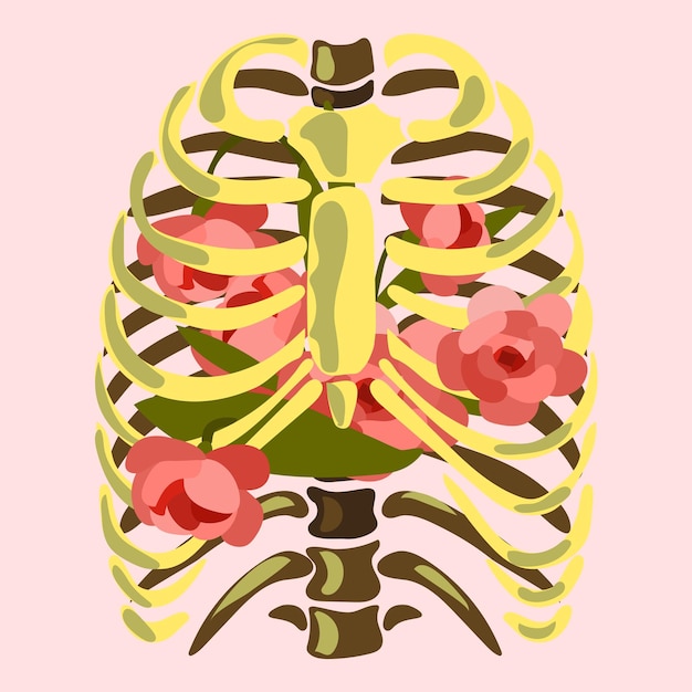 Illustration of pink flowers inside the chest human skeleton Flowers growing inside a person Flowers