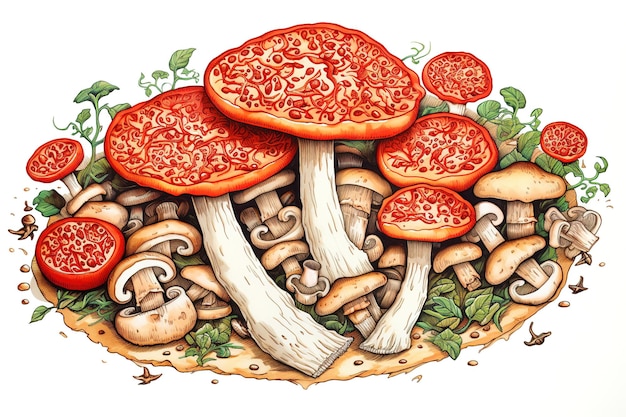 Illustration of pizza cut into slices with different flavors salami shrimp mushrooms cherry