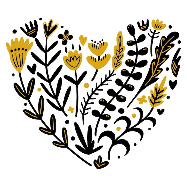 Vector illustration of plant elements in the shape of a heart botanical illustration folk motifs