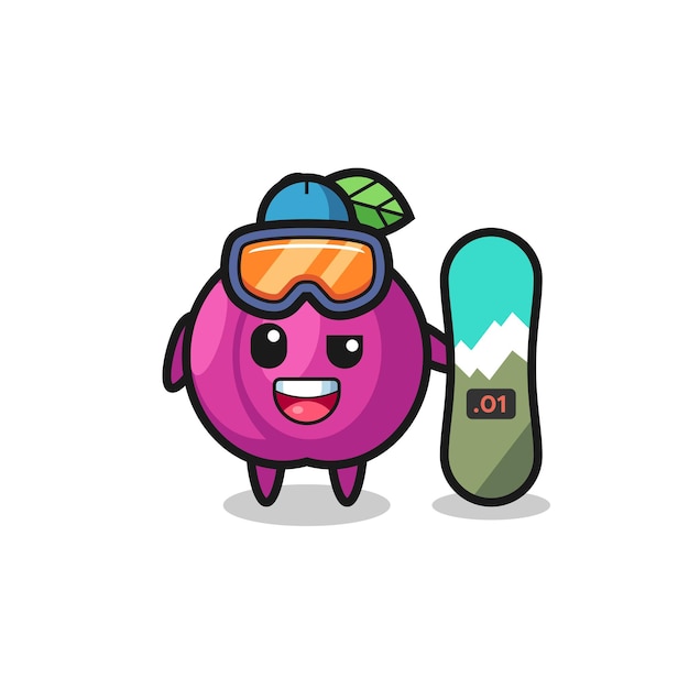 Illustration of plum fruit character with snowboarding style , cute style design for t shirt, sticker, logo element