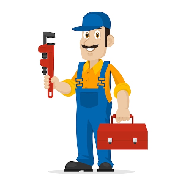 Illustration Plumber holds an adjustable spanner and suitcase, format EPS 10