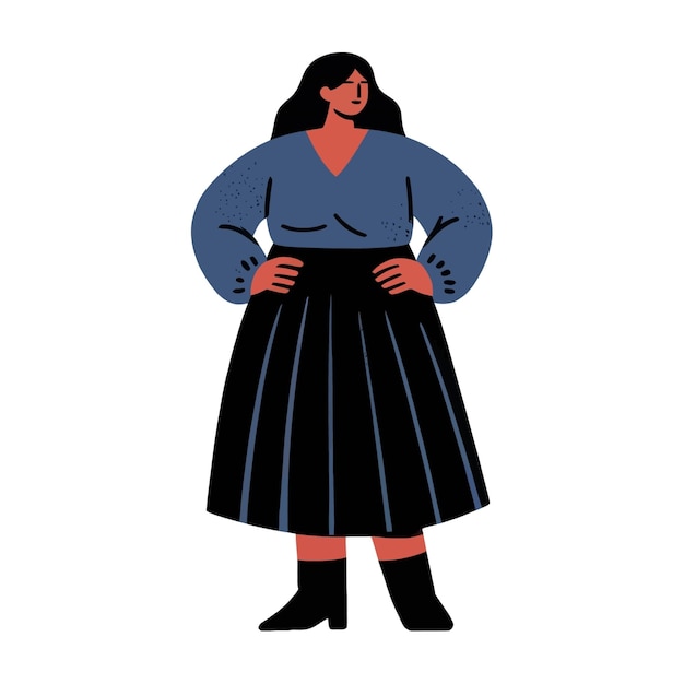 Illustration of a plussize woman in a blue top and black skirt standing confidently with hands on hips