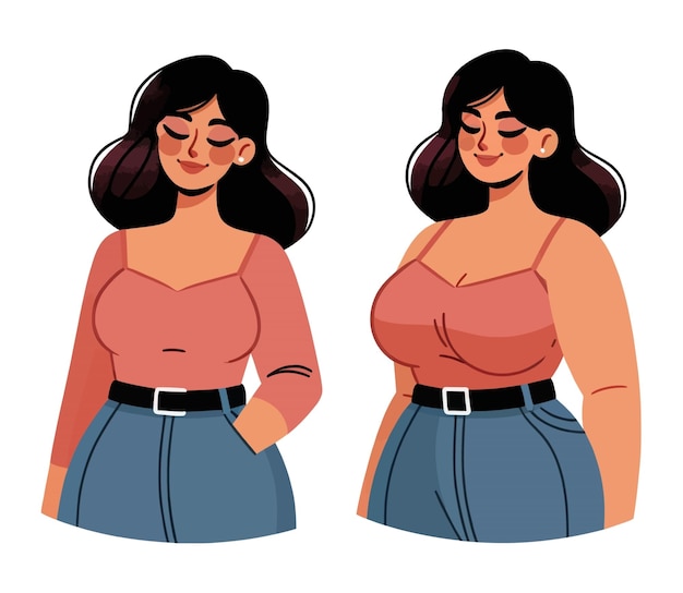 Illustration of a plussize woman in two different poses showcasing body positivity and confidence