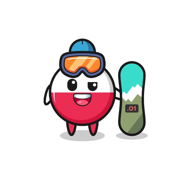 Illustration of poland flag badge character with snowboarding style , cute style design for t shirt, sticker, logo element