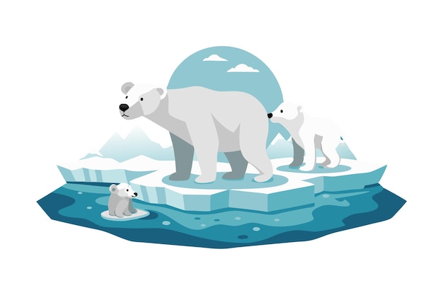 Vector illustration of a polar bear family on floating ice in arctic environment