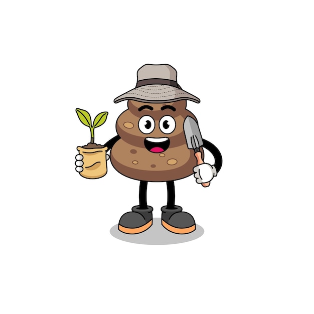 Illustration of poop cartoon holding a plant seed