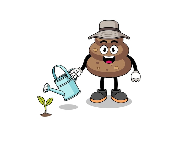 Illustration of poop cartoon watering the plant