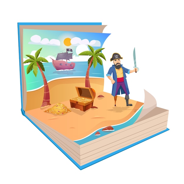 Illustration of a Pop Up Book about Pirate composition with island landscape human character with treasure chest