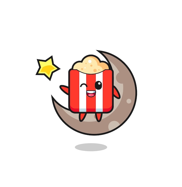 Illustration of popcorn cartoon sitting on the half moon