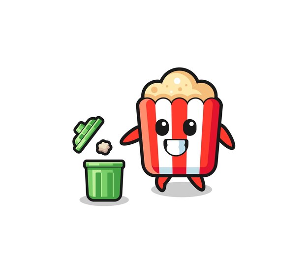 Illustration of the popcorn throwing garbage in the trash can cute design